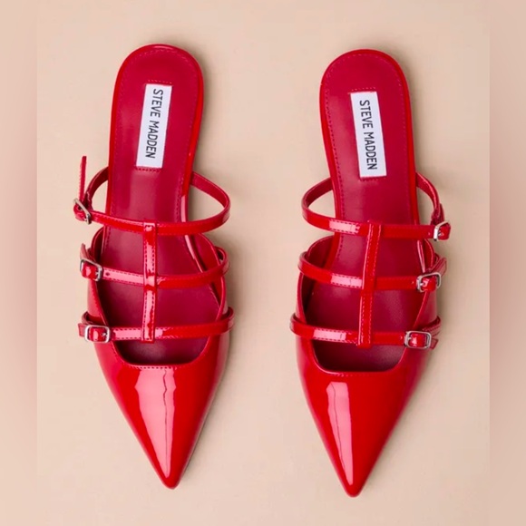 Shatter Red Patent Pointed-Toe Buckle Ballet Mule Flats, Steve Madden NWT, 7 - Picture 1 of 3